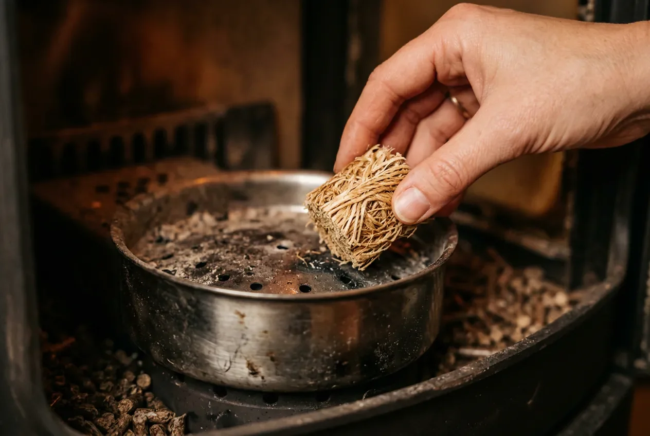 Procédure de dépannage pour allumer manuellement un poêle Extraflame avec un cube allume-feu.