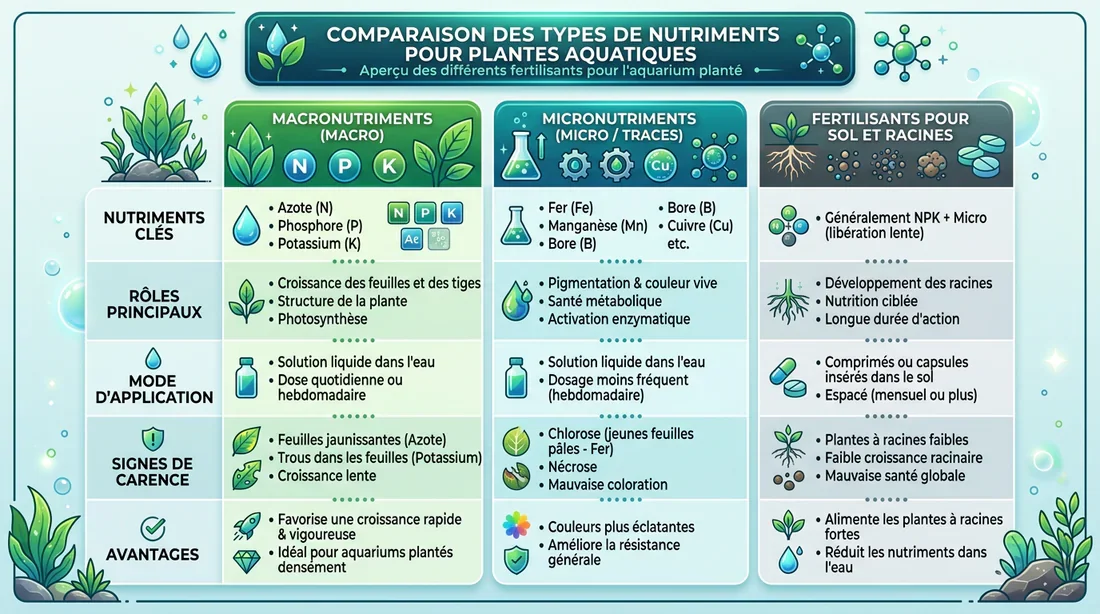 Infographie comparant les différents types d'engrais pour plantes d'aquarium