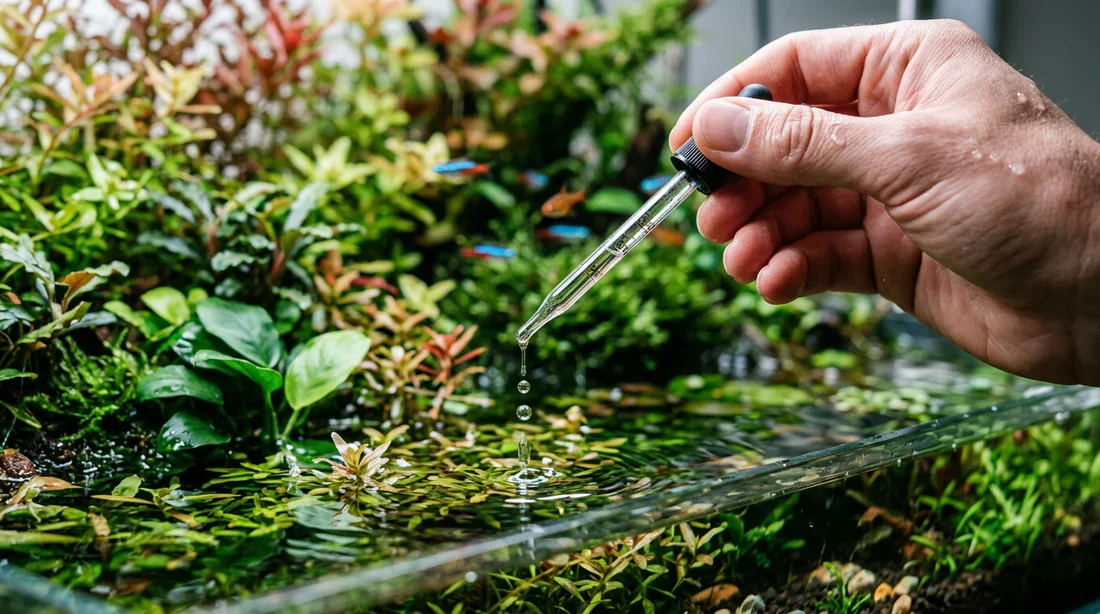 Main utilisant une pipette de précision pour doser les nutriments dans un aquarium planté