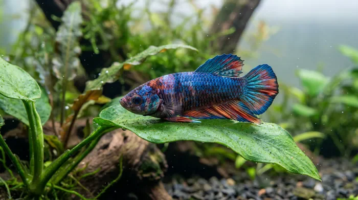 Betta femelle cohabitation : guide de survie - Sororité Betta : le guide ultime en 5 règles - Cohabitation Betta femelle : est-ce vraiment risqué ? Infographie montrant la disposition optimale d'un aquarium de 100 litres
