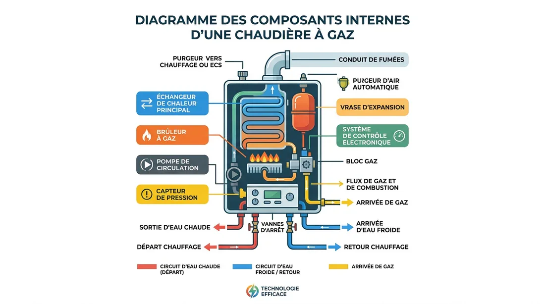 Vue éclatée et composants d'une chaudière Schéma technique des composants internes d'une chaudière
