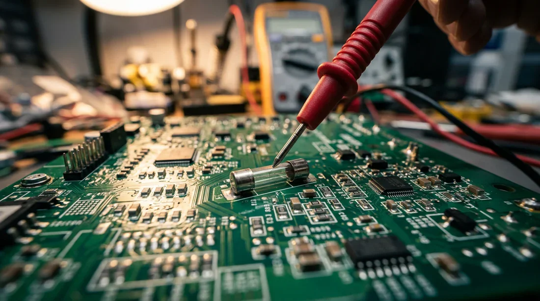 Multimètre vérifiant un fusible sur une carte électronique
