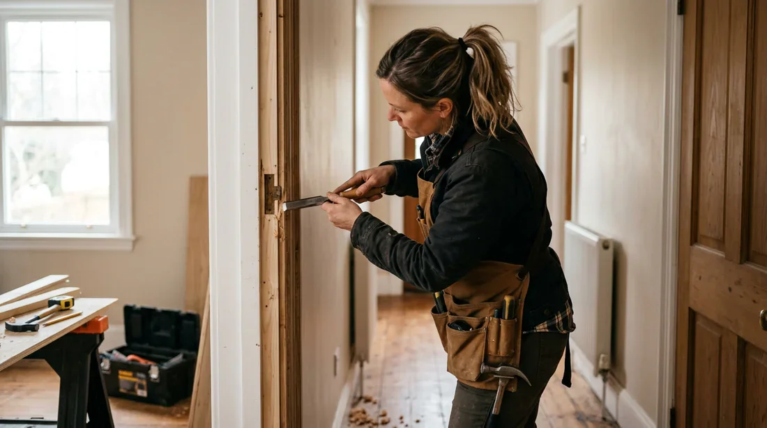 Bricoleur ajustant le bâti d'une porte intérieure avec un ciseau à bois