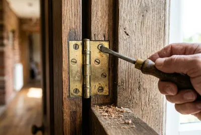 Paumelle de porte en cours de démontage sur un chambranle en bois