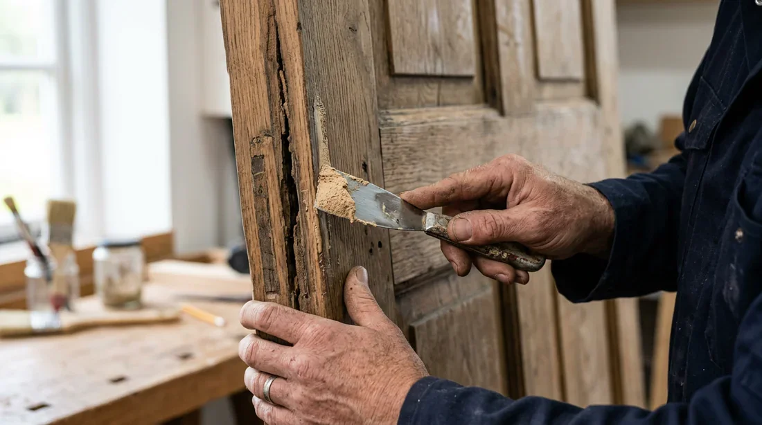 Réparation d'un trou dans le bâti d'une porte avec de la pâte à bois