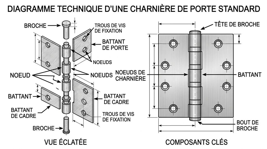 Schéma technique des composants d'une paumelle de porte