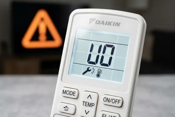 Gros plan sur l'écran d'une télécommande Daikin affichant un code erreur