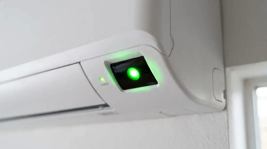 Gros plan sur le voyant LED vert allumé sur la façade de l'unité de climatisation