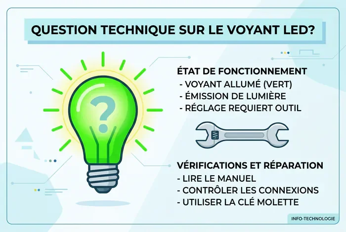 Icône de dépannage climatisation avec voyant vert, point d'interrogation et clé plate
