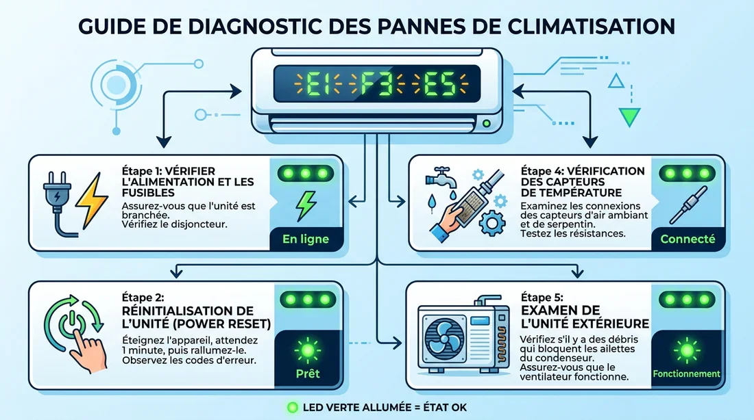 Infographie résumant les étapes de dépannage en cas de voyant vert clignotant