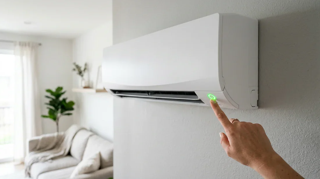 Voyant LED vert allumé sur une climatisation murale Doigt désignant un voyant LED vert allumé sur la façade d'une climatisation murale blanche