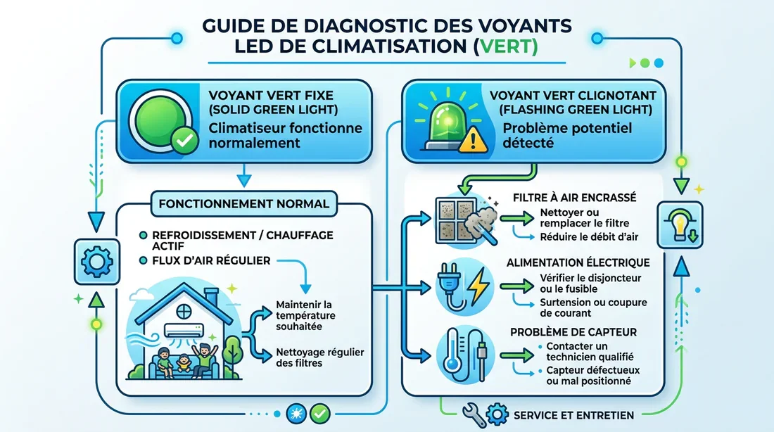 Guide de diagnostic des clignotements du voyant vert Infographie explicative du diagnostic pour voyant vert fixe ou clignotant