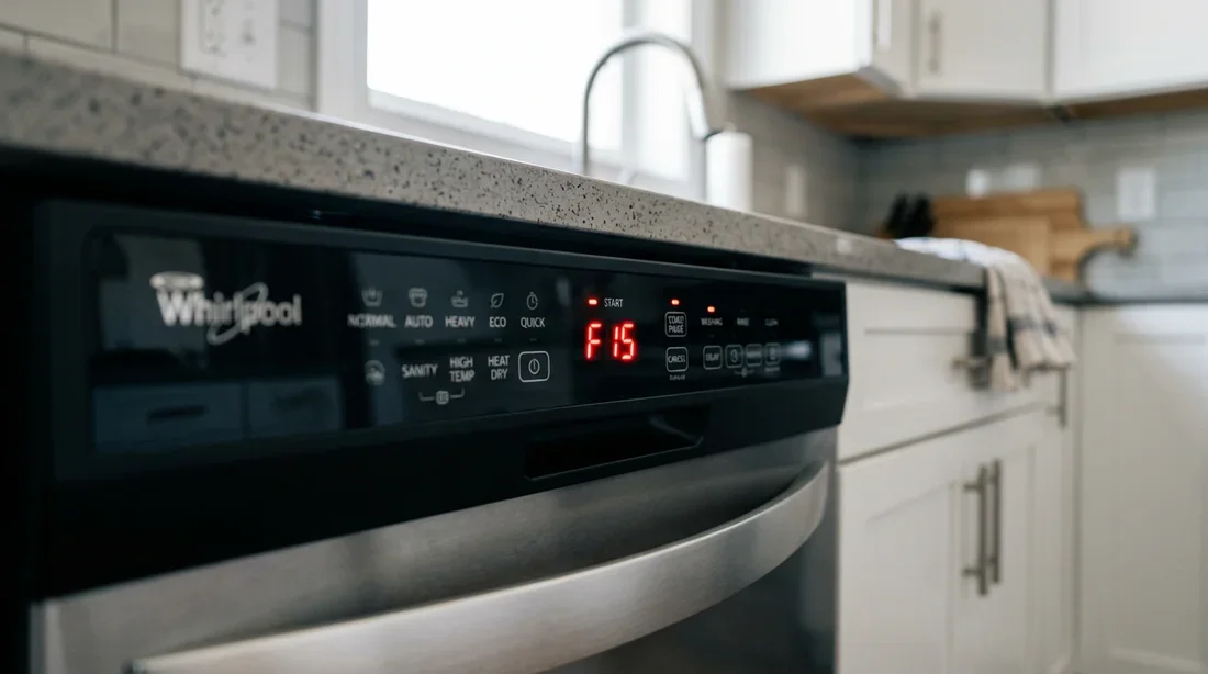 Code erreur F15 lave-vaisselle Whirlpool Panneau de contrôle d'un lave-vaisselle Whirlpool affichant le code erreur F15