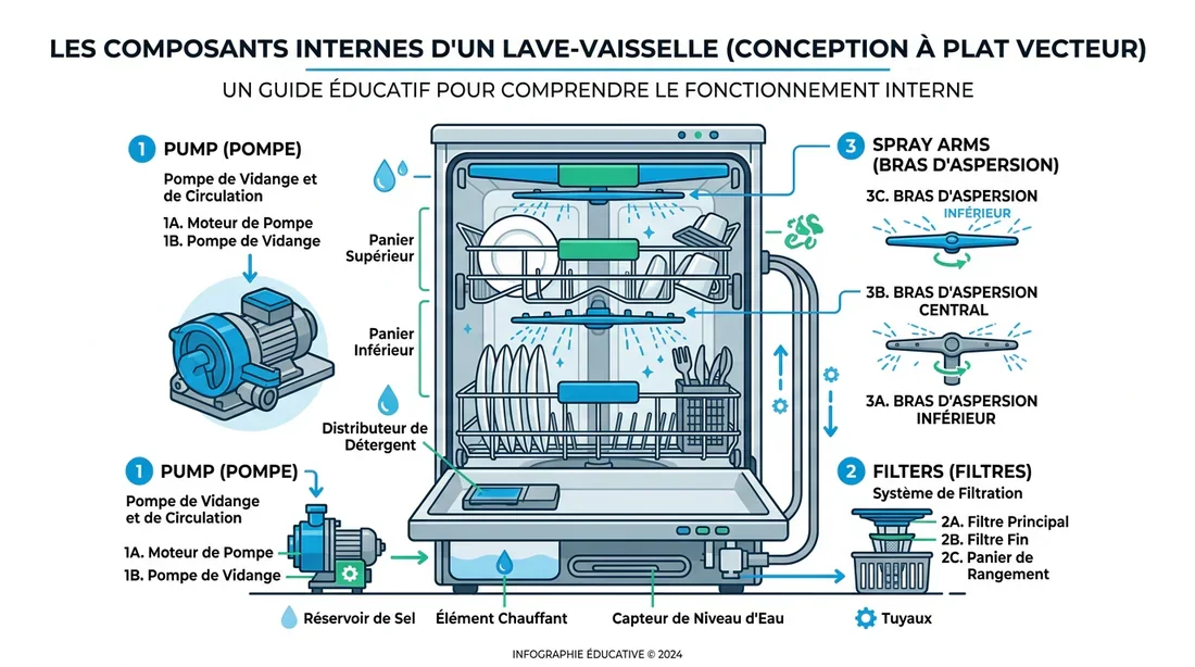Composants internes lave-vaisselle Schéma des composants internes d'un lave-vaisselle