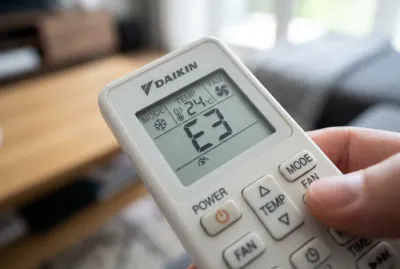 Gros plan sur l'écran d'une télécommande Daikin affichant le code erreur E3