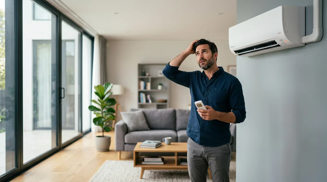 Résolution de panne et code erreur sur climatiseur Daikin Propriétaire perplexe tenant une télécommande devant son climatiseur Daikin en panne