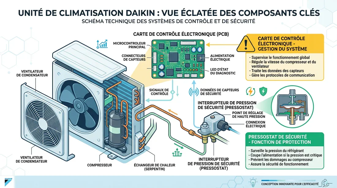 Schéma infographique du pressostat et des composants de sécurité Daikin
