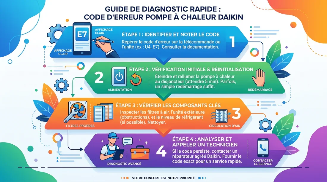 Infographie des étapes de dépannage rapide pour une pompe à chaleur Daikin.