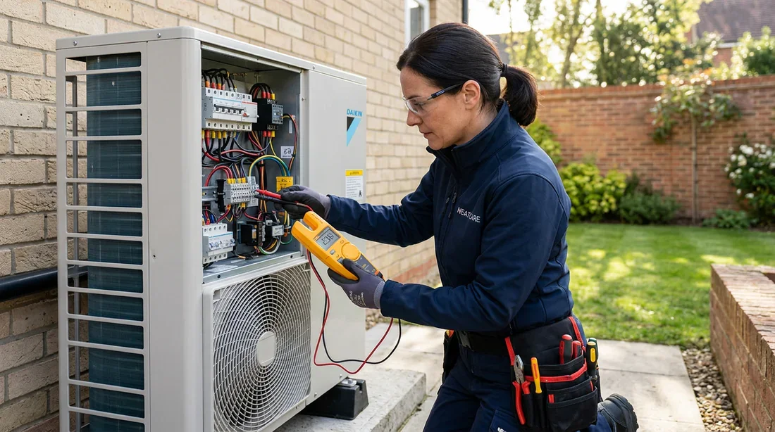 Technicien effectuant le diagnostic d'une pompe à chaleur Daikin.