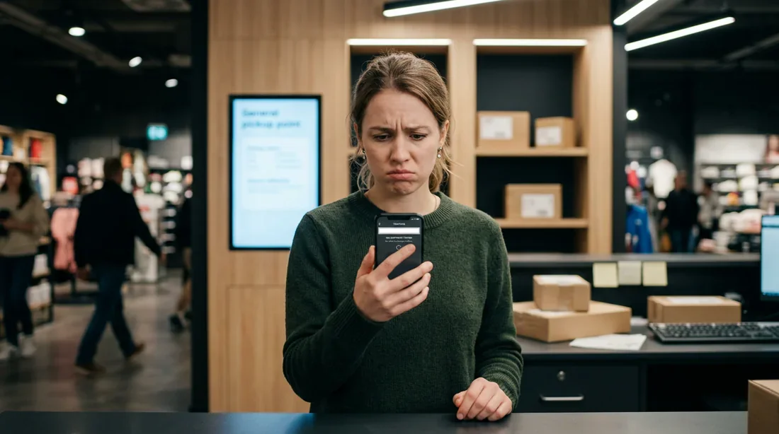 Client inquiet vérifiant un suivi de colis vide sur son smartphone au point relais