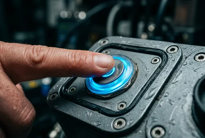 Gros plan sur l'appui du bouton de réinitialisation du boîtier du robot