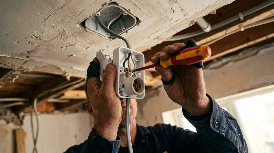 Installation d'une douille de chantier par un électricien Électricien travaillant sur une douille de chantier au plafond