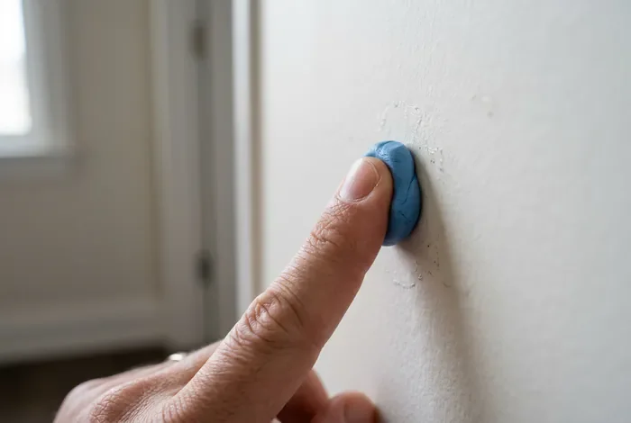 Enlever de la Patafix : 4 méthodes - Patafix sur mur : Le guide ultime pour vos traces - Comment enlever de la Patafix sur un mur sans l'abîmer ? Gros plan sur une main utilisant de la pâte adhésive pour enlever des résidus sur un mur