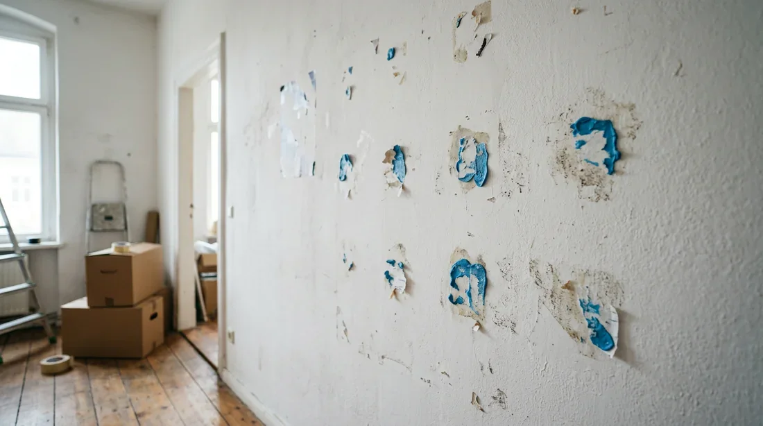 Mur blanc avec des restes de pâte adhésive après avoir retiré des posters lors d'un déménagement