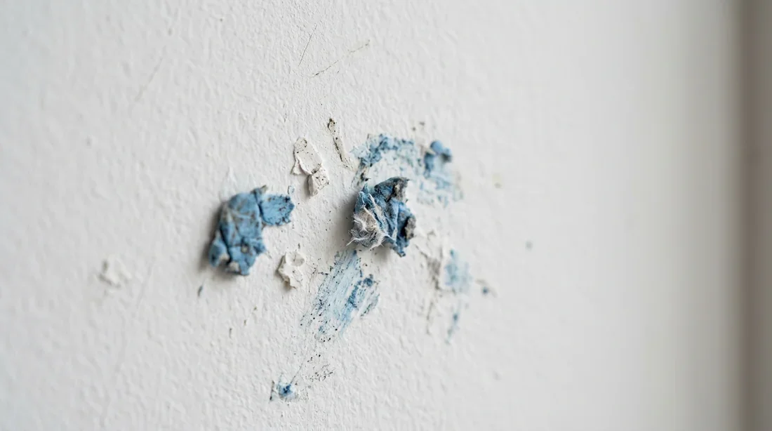 Résidus de pâte adhésive collés sur un mur après avoir décollé des décorations