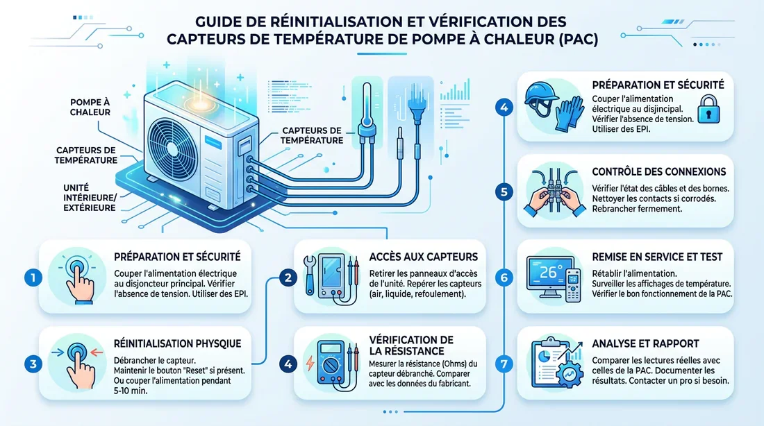 Schéma explicatif pour vérifier et réinitialiser les sondes de la pompe à chaleur.