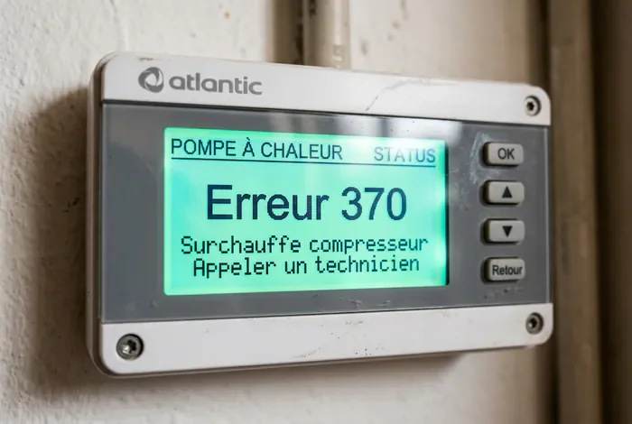 Erreur 370 Atlantic Alféa Extensa Duo : 4 Solutions - Erreur 370 Atlantic Alféa : Réparer la Panne en 5 min ! - Code 370 Atlantic Alféa Extensa Duo : Que Faire ? Gros plan sur l'écran du contrôleur Atlantic affichant l'Erreur 370