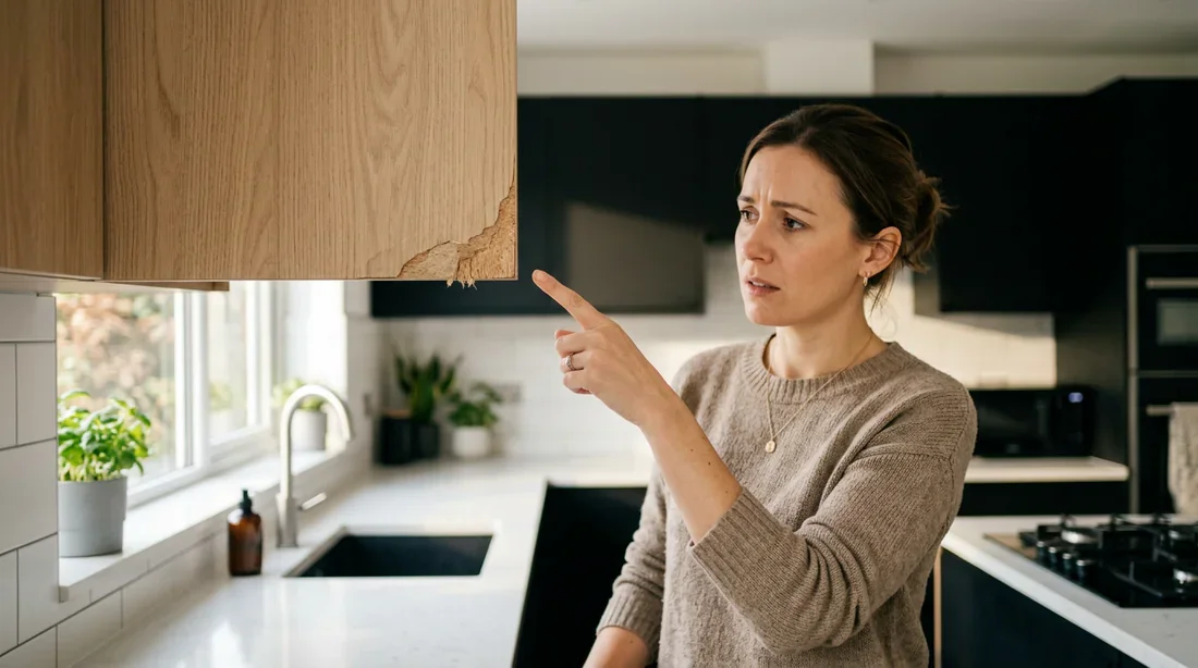 Réparation d'un meuble de cuisine décollé Propriétaire pointant une bordure de meuble de cuisine décollée