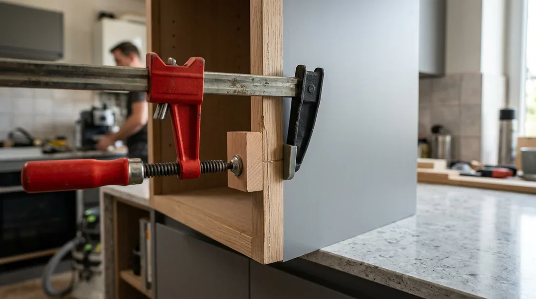 Serrage du chant de meuble réparé Utilisation d'un serre-joint pour fixer la bordure de meuble