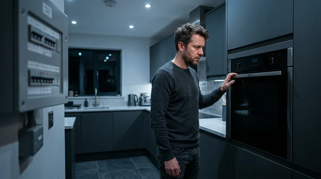 Dépannage four électrique : diagnostic Propriétaire inquiet face à un four encastrable en panne dans une cuisine sombre