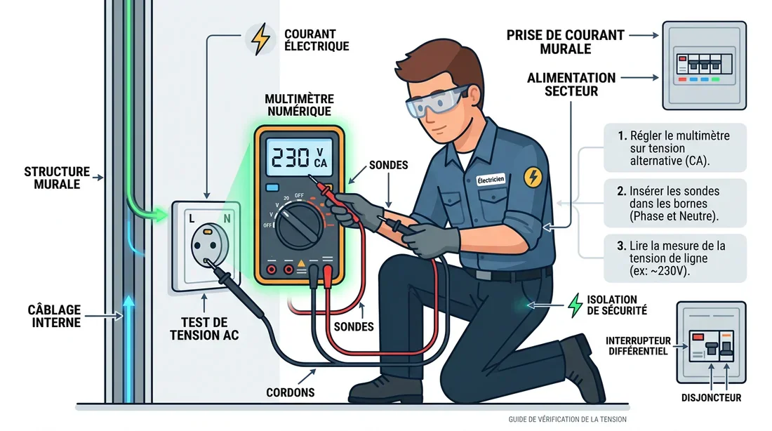 Vérification alimentation électrique four Schéma technique de vérification de prise électrique avec multimètre