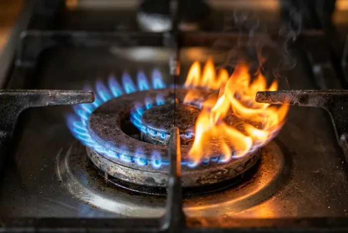 Gazinière flamme orange : causes et solutions - Flamme orange gazinière : le guide ultime - Comment réparer une gazinière à flamme orange ? Image miniature montrant la différence entre une flamme bleue et une flamme orange.