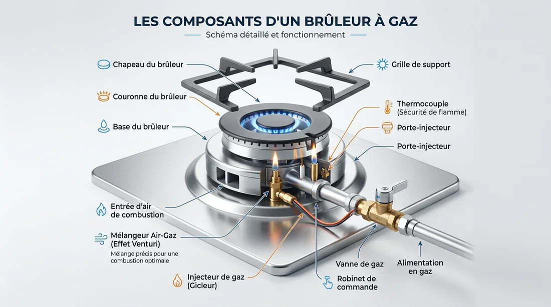 Nettoyage d'un injecteur de brûleur de gazinière avec une brosse fine.