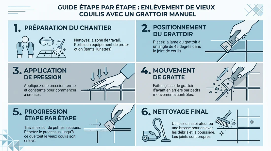 Schéma des étapes de retrait des joints de carrelage
