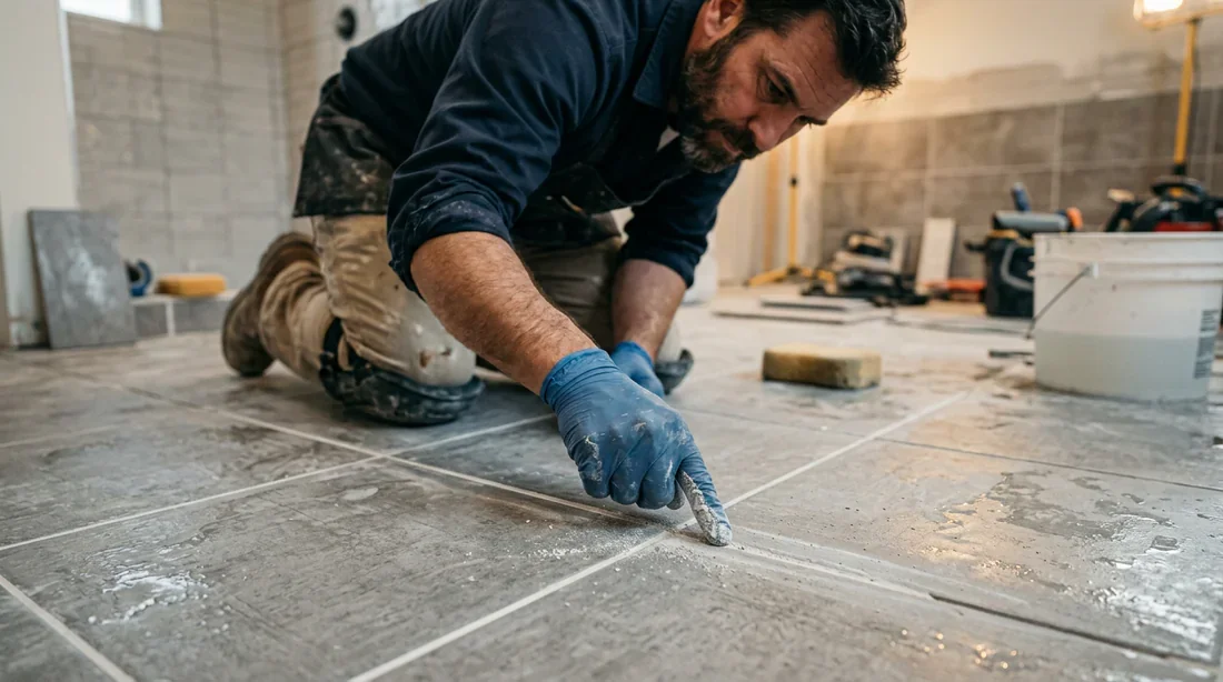 Un artisan professionnel inspecte des joints de carrelage abîmés