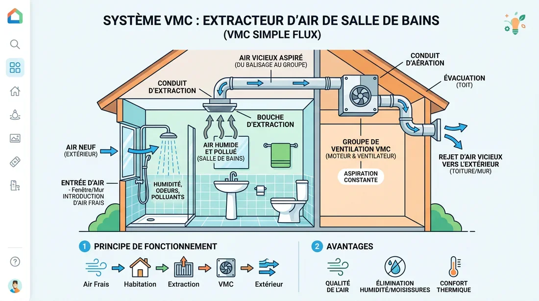 Schéma explicatif du système de ventilation VMC en salle de bain