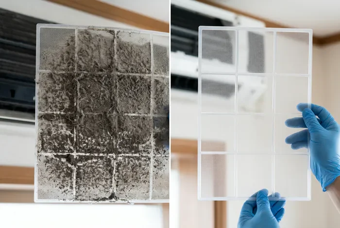 Comparatif avant et après le nettoyage d'un filtre de climatisation Daikin.