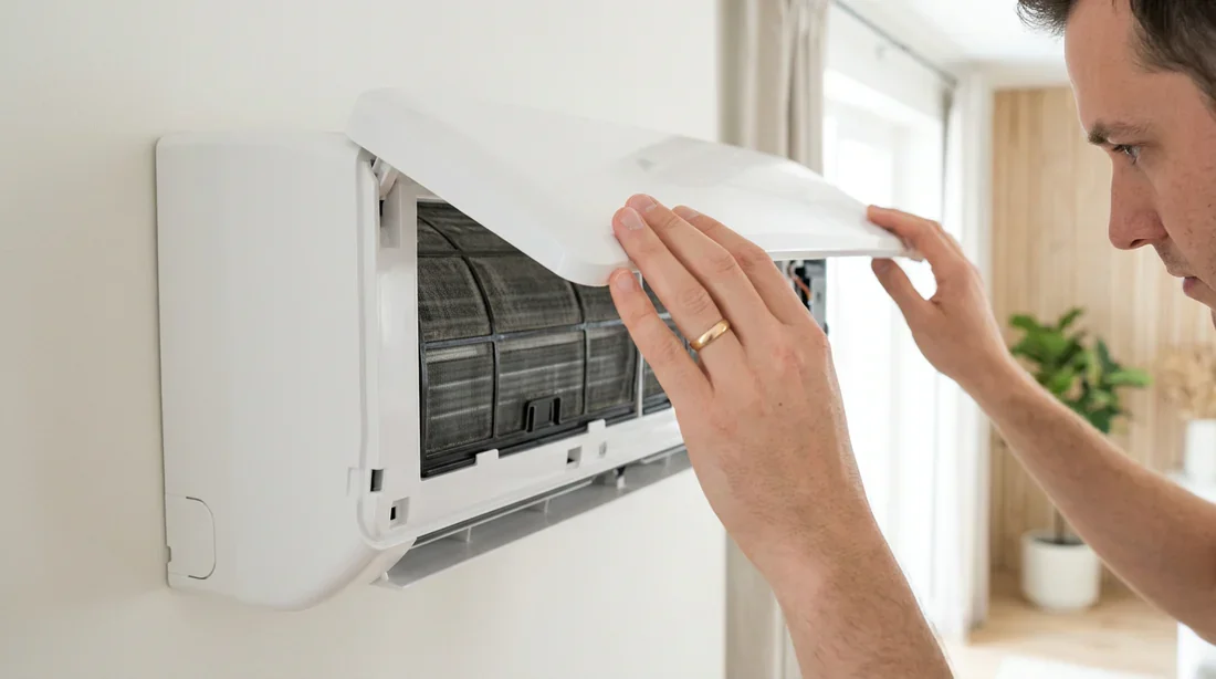Ouverture du capot de l'unité murale Daikin pour accéder aux filtres.