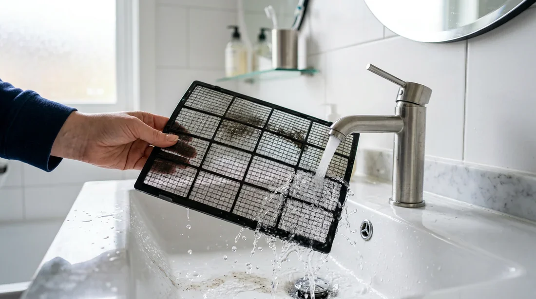 Rinçage à l'eau tiède du filtre à poussière d'un climatiseur.