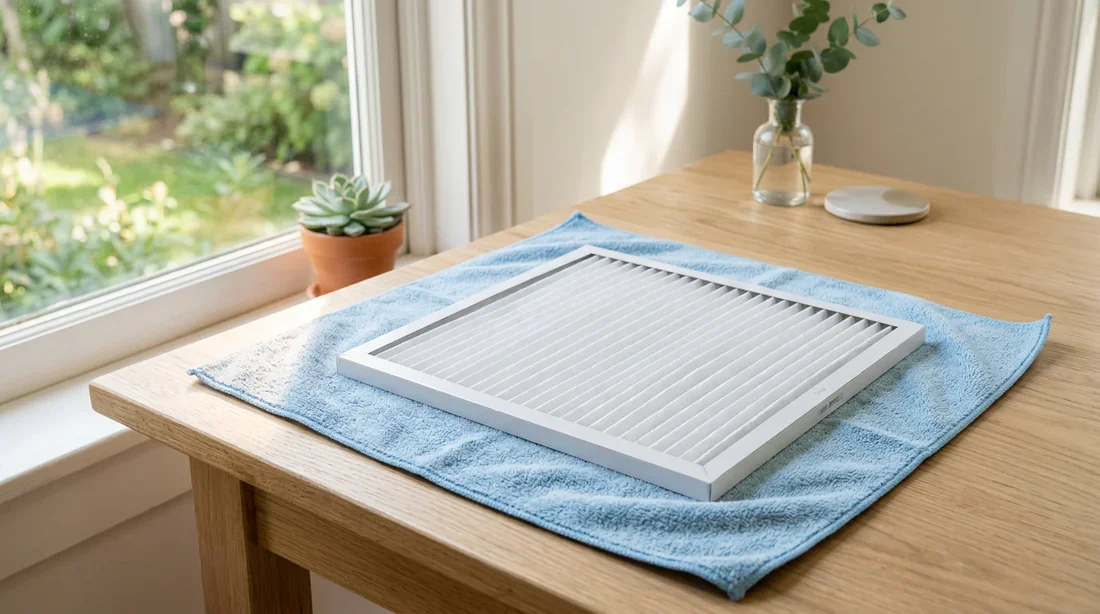 Séchage à l'air libre d'un filtre de climatisation propre.