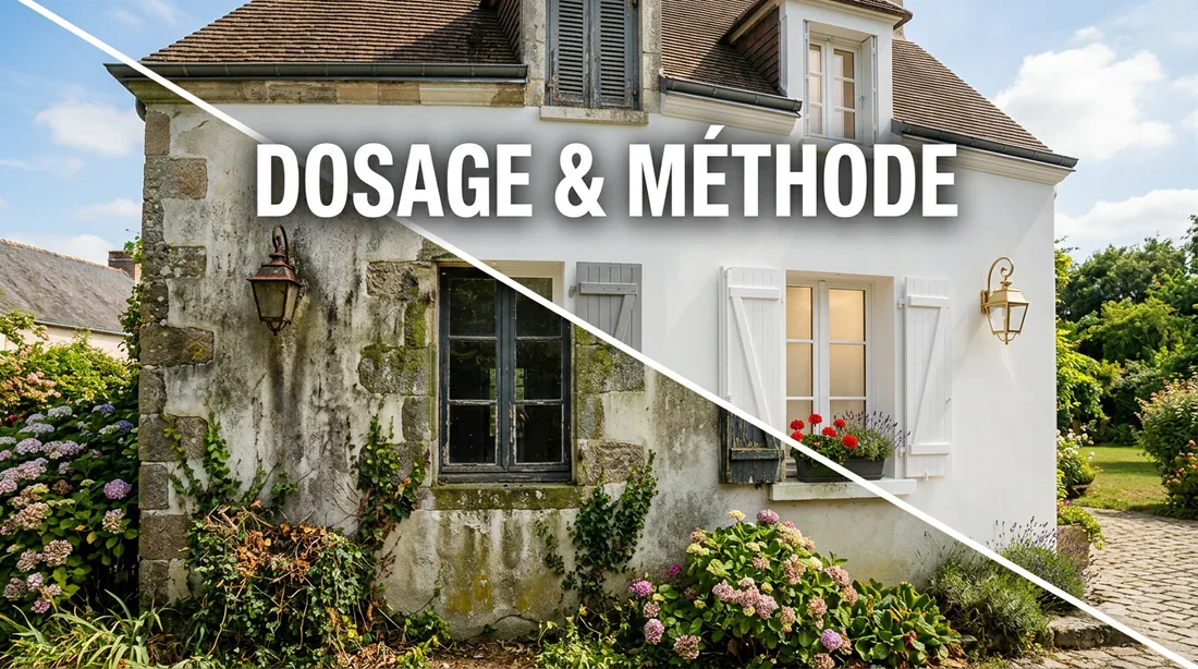 Dosage et méthode pour nettoyage de façade Avant et après nettoyage d'une façade de maison séparée en diagonale