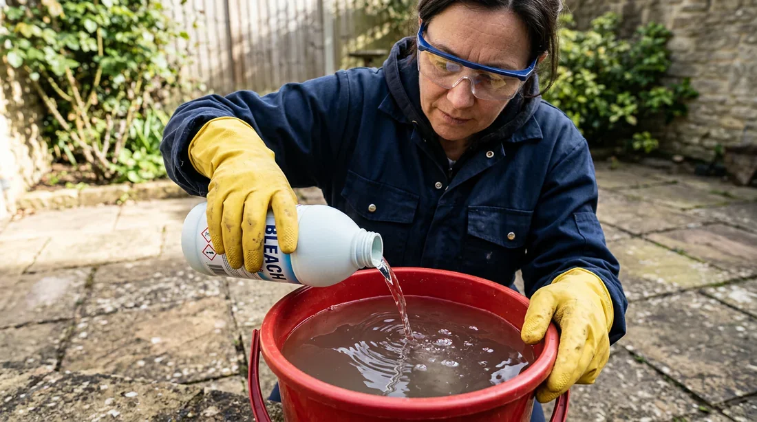 Préparation du mélange de nettoyage Préparation et dosage de la solution d'eau de Javel avec équipement de protection