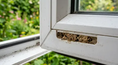 Gros plan d'un nid d'abeilles solitaires bouchant les trous d'évacuation d'une fenêtre en PVC blanc.