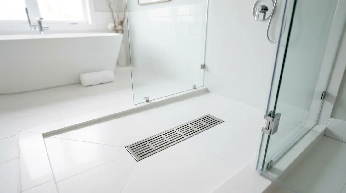 Bonde de douche moderne en inox dans une salle de bain propre