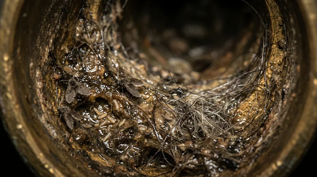 Débris organiques accumulés dans un conduit de douche