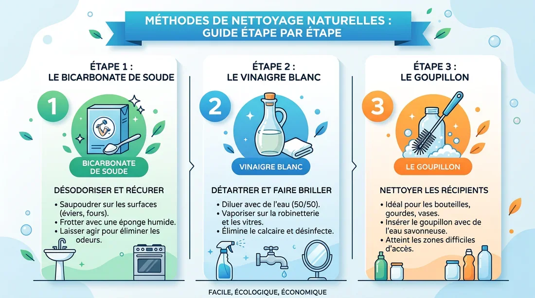 Infographie des étapes de nettoyage naturel des canalisations
